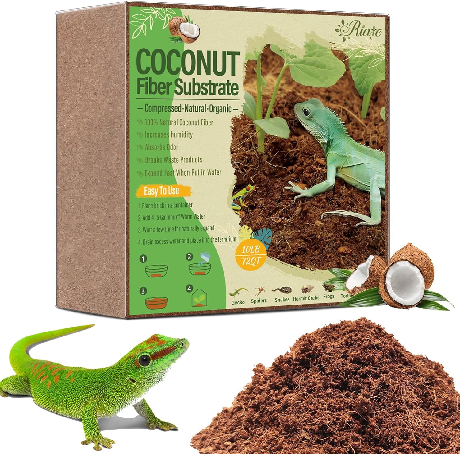 10LBS Natural Coconut Fiber Substrate for Reptile- Premium Compressed Coconut Husk Terrarium Bedding for Reptile, Tortoise, Frogs, Snakes, Hermit Crabs, Burrowing Animals
