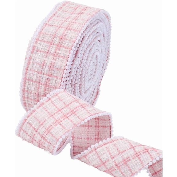 10M 1.5 Inch Pink Ribbon with Pearls Plaid Pearl Bead Edge Ribbons Embroidery Gingham Checkered Buffalo Trim Bulk for Sewing Making Crafts Flower Bouquets Gift Wrapping Wedding Home Decor