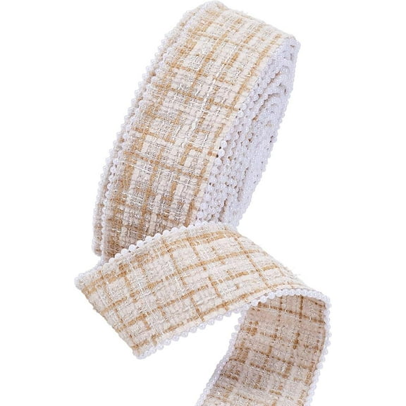 10M 1.5 Inch Ribbon with Pearls Beige Plaid Pearl Bead Edge Ribbons Embroidery Gingham Checkered Buffalo Trim Bulk for Sewing Making Crafts Flower Bouquets Gift Wrapping Wedding Home Decor BurlyWood