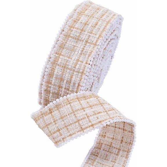 10M 1.5 Inch Ribbon with Pearls Beige Plaid Pearl Bead Edge Ribbons Embroidery Gingham Checkered Buffalo Trim Bulk for Sewing Making Crafts Flower Bouquets Gift Wrapping Wedding Home Decor Brown DIY