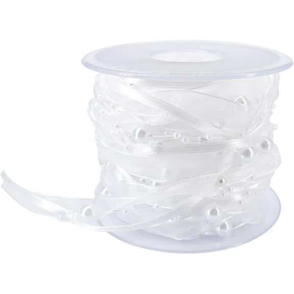 10M/11Yd Artificial Bead Pearl Ribbon, Chiffon Ribbon and Organza Lace Ribbon Trims for Wedding Flower Christmas Tree Decoration Sewing Craft Packaging