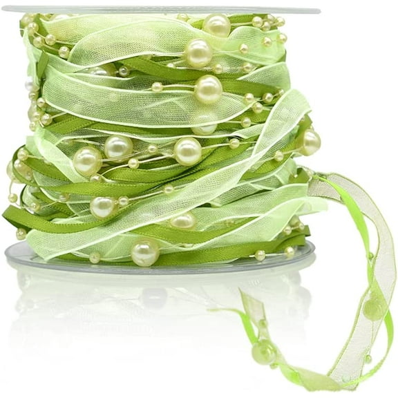 10M/11Yd Artificial Bead Pearl Ribbon, Chiffon Ribbon and Organza Lace Ribbon Trims for Wedding Flower Christmas Tree Decoration Sewing Craft Packaging