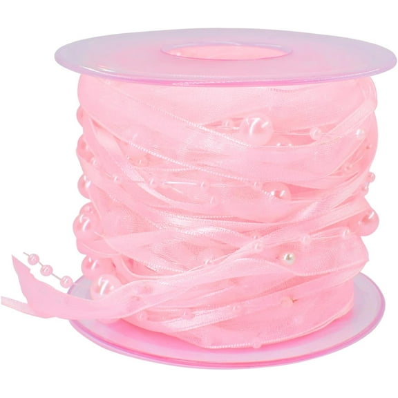 10M/11Yd Artificial Bead Pearl Ribbon, Chiffon Ribbon and Organza Lace Ribbon Trims for Wedding Flower Christmas Tree Decoration Sewing Craft Packaging