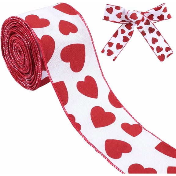 10M 2.5 Inch Red and Heart Ribbon Love Print Ribbon Roll Polyester Valentine Wired Printed Fabric Ribbons Bulk Roll for Sewing Making Crafts Gift Wrapping Wedding Home Decor Supply for diy making