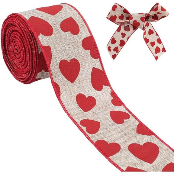 10M 2.5 Inch Red Ribbon Love Heart Pattern Print Ribbon Polyester Brown Valentines Day Printed Fabric Ribbons Wired Bulk Roll for Sewing Making Craft Wreath Party Birthday Bouquet Diy Supply Tan DIY