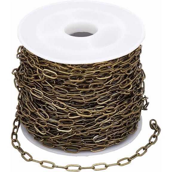 10M/32.8 Feet Brass Paper Clip Chain Cable Link Chain with Spool Antique Bronze Paperclip 6mm Drawn Elongated Oval Soldered Roll Connector Chain for Jewelry Making Necklace Bracelet DIY Craft