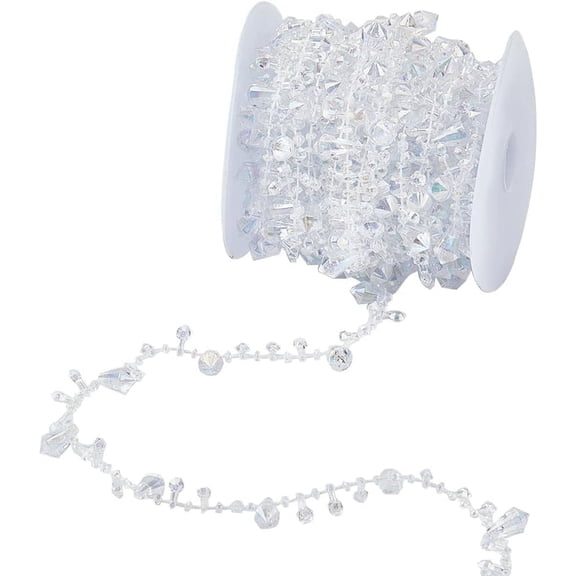 10M/32.8 Feet Clear Christmas Bead Garland Plastic Strands with Spool Clear AB Diamond Teardrop Small Sewing Beads Trims