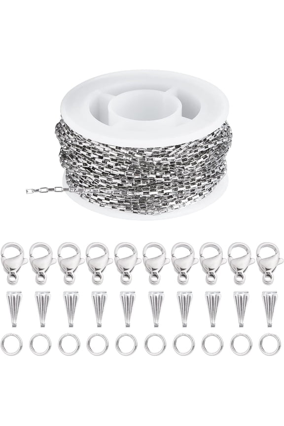 10M 32.8 Feet Stainless Steel Box Chain Bulk Venetian Chains Silver Chain Roll Rectangle Link Chains with Open Jump Rings Making Women Adults DIY Necklaces Bracelets CraftsStainless Steel Color