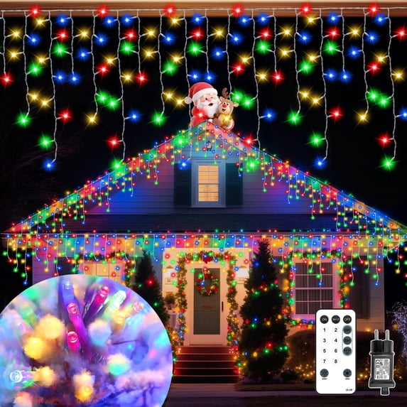 Colorful Lights Outdoor, 33ft 306 LED Icicle Lights for Outside House with Connectable Clear Wire 8 Modes Timer, Plug in Waterproof for Eaves Yard Party Indoor Holiday Decoration
