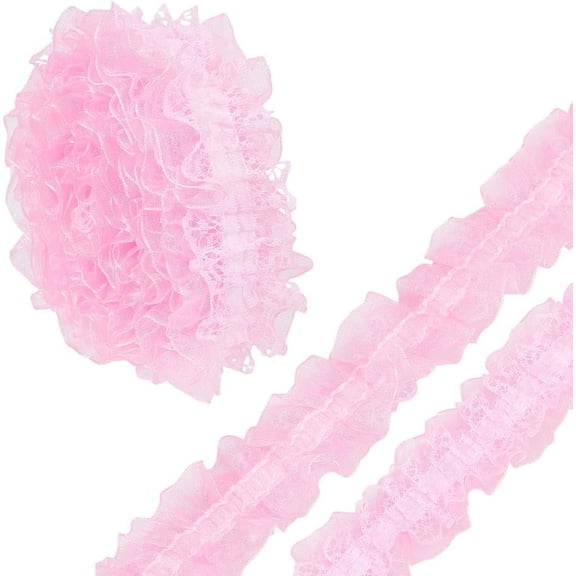10M Double Layer Polyester Flower Elastic Lace Trim Hair Accessories Making Pink 1-1/2 inch(37mm) about 10.94 Yards(10m)/Box