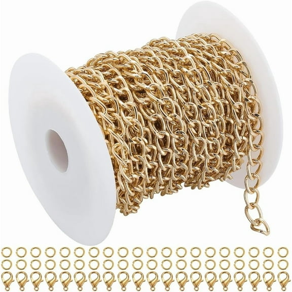 10M Gold Curb Chain Bulk Chain Jewelry Kit Aluminium Oval Twist Link Spool Set Curb Long Roll for Jewelry Making Kits Necklace Bracelet Supplies DIY Crafts Beginner Women Adult