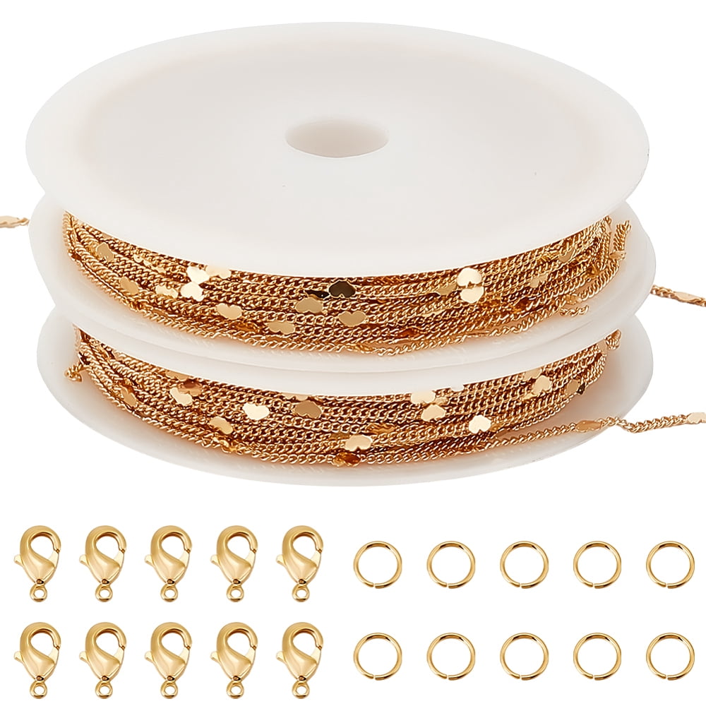10M Heart Chain 16K Gold Plated Brass Flat Heart Curb Link Chain with 20Pcs Lobster Claw Clasps 50Pcs Open Jump Rings DIY