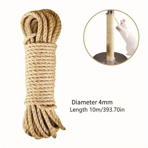 10M Natural Jute Rope, Sturdy Cat Scratcher Replacement Rope, Furniture Protector for Indoor Cats, DIY Cat Scratching Post & Outdoor Use