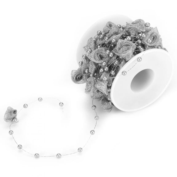 10M Pearl Bead Chain Ribbon Rose Floral Trim Garland Roll for DIY Craft Wedding Party Decor, Silver Color