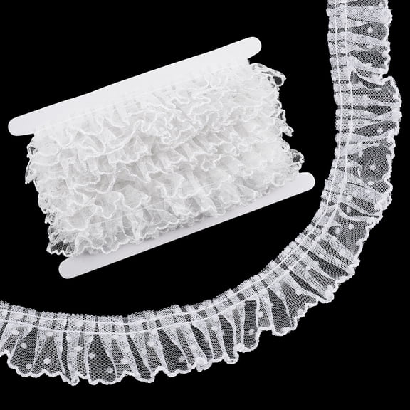10M Polka Dot Polyester Gauze Wrinkle Ribbon Ruffles Lace Trim Clothes Accessories with Cardboard Display Card White 1-5/8 inch(40mm)