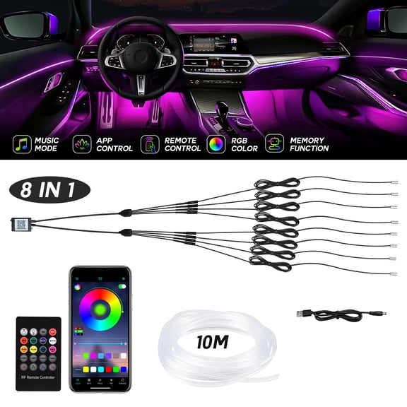 10M RGB 8 LED Car Interior Ambient Light Strip Decor Atmosphere Door Light Kit