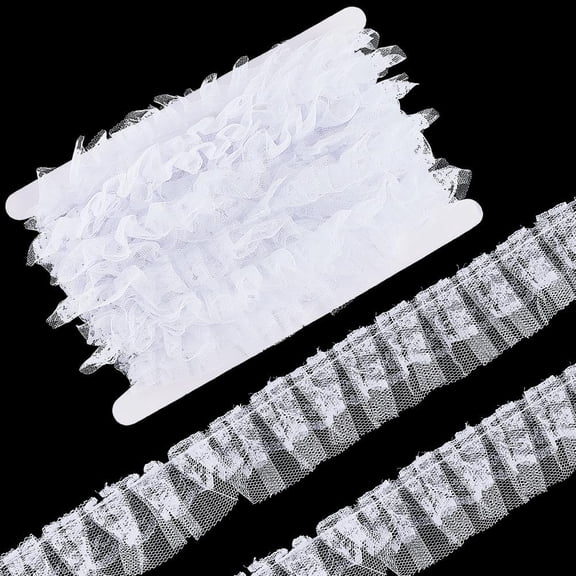 10M White Double Layers Organza Lace Trim Pleated Ruffle Chiffon Edging Trimming Tulle Cotton Fabric Ribbon for Sewing Making Dress Skirt Valentine's Day Gift Wedding Decor DIY Craft Supply