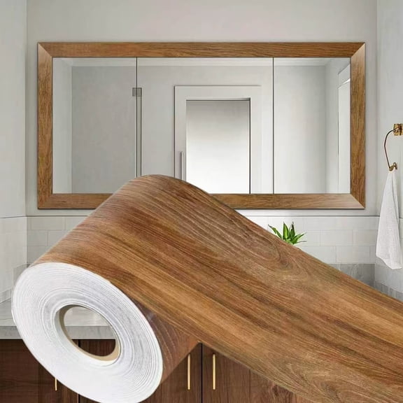 10M Wood Grain Mirror Frame Border Peel and Stick Wallpaper, Removable Waterproof Bathroom Mirror Frame Sticker, Brown