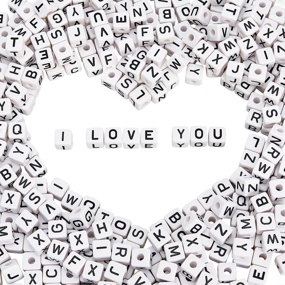 10MM 400PCS Cube Letter Beads with Holes Acrylic Black White Opaque Square Plastic Assorted Alphabet Loose Spacer Bead Bulk