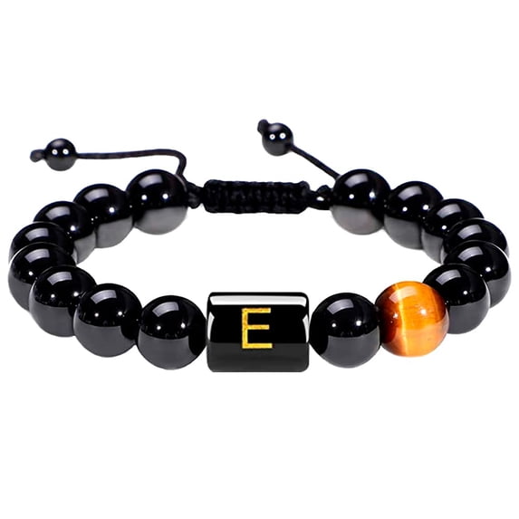 10MM Black Onyx Stone Initial Bracelet for Men Letter Link Handmade Tiger Eye Bead Braided Rope Bracelet Gifts Mens Bracelet