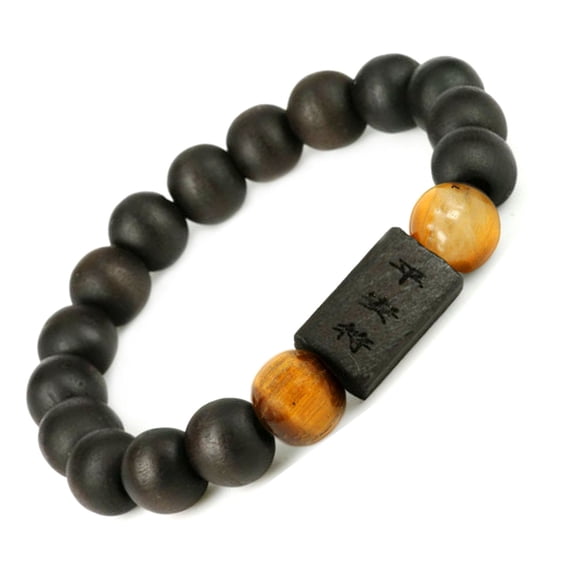 10MM Luos Tibetan Buddhist Prayer Mala Black Wood Bracelet Ping An Fu Tiger Eye Gemstone- W013