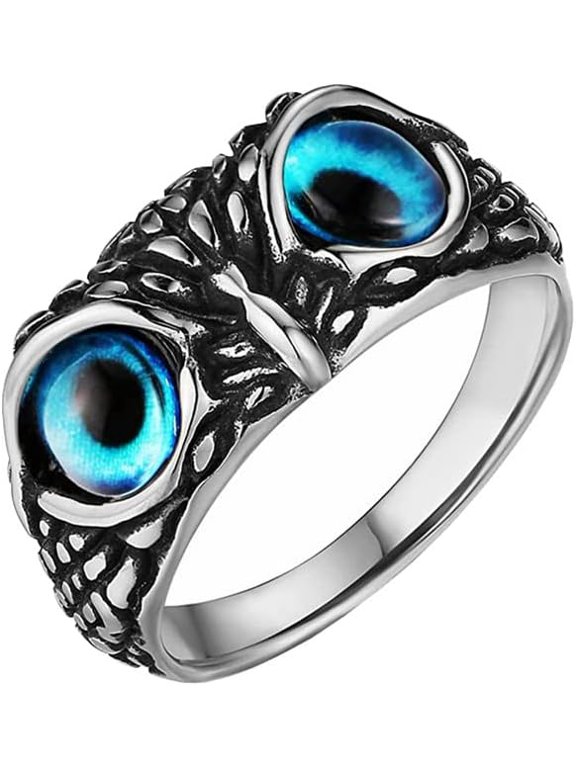 10MM Unisex Stainless Steel Vintage Gothic Demon Eye Owl Biker Ring with Gemstone Eyes