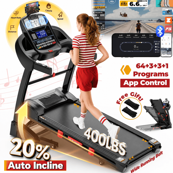 12MPH Treadmill 400lbs Capacity,Treadmill for Home with Auto Incline, 5HP Folding Treadmill, Wide Shock Absorption Belt, 64+3+3+1 Programs