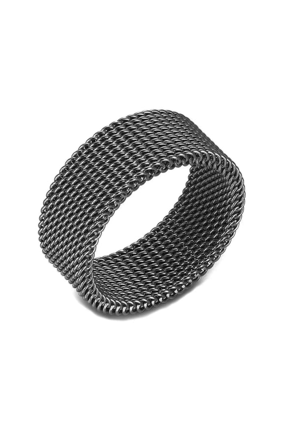 10mm Black Stainless Steel Braided Mesh Ring Flexible Wide Band Plain Non-Tarnish Textured Size 10 R64