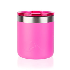 Vaso bajo de acero inoxidable con revestimiento cerámico de 10 oz con tapa deslizante de Tritán transparente magnética, rosa