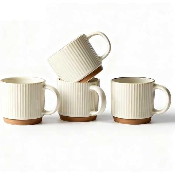 10OZ Small Stackable Coffee Mugs, Ceramic Coffee Mugs with Stripe Patterns for Man,Woman,Dad,Mom, Modern Coffee Mugs Set of 4 for Latte/Cappuccino/Cocoa/Tea. Dishwasher&Microwave Safe, Beige
