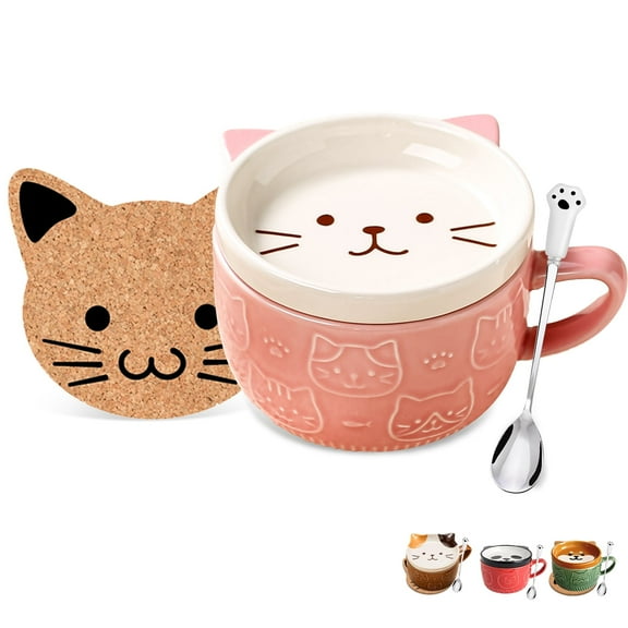 10Oz Pink  Cat Coffee Mug Cute Ceramic Cat Cup with Lid Tea Cup &Saucer Sets Gifts for Cat Lovers  Suitable for Home or Office