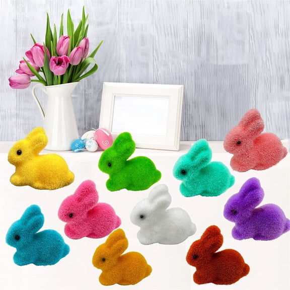 10PC 2.44" Mini Flocked Easter Bunny Decorations, Pastel Flock Bunnies Figurines with Bow for Spring Easter Home Office Party Table Centerpiece Decoration
