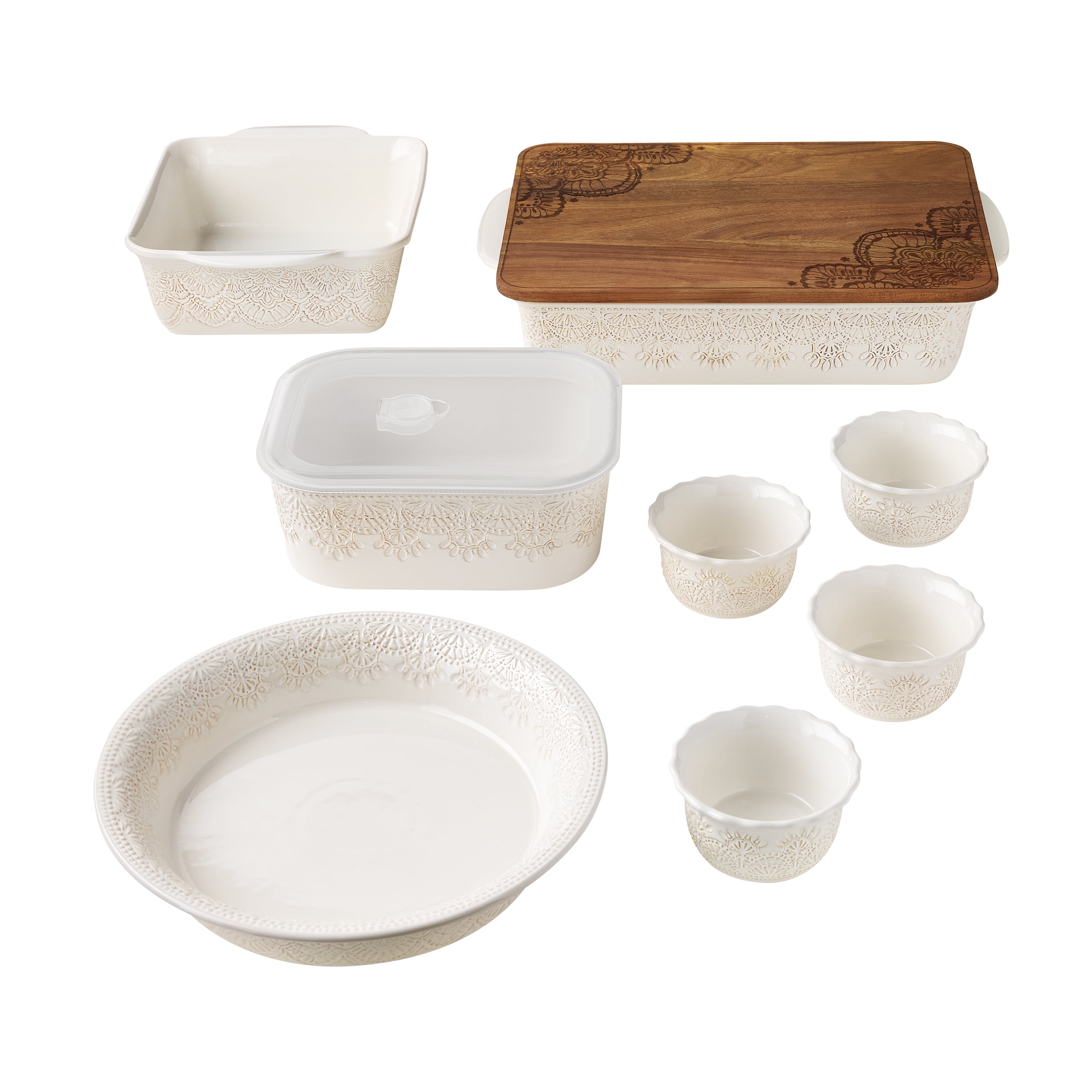 The Pioneer Woman Vintage Lace 10-Piece Ceramic Bakeware and Storage Set,  Linen