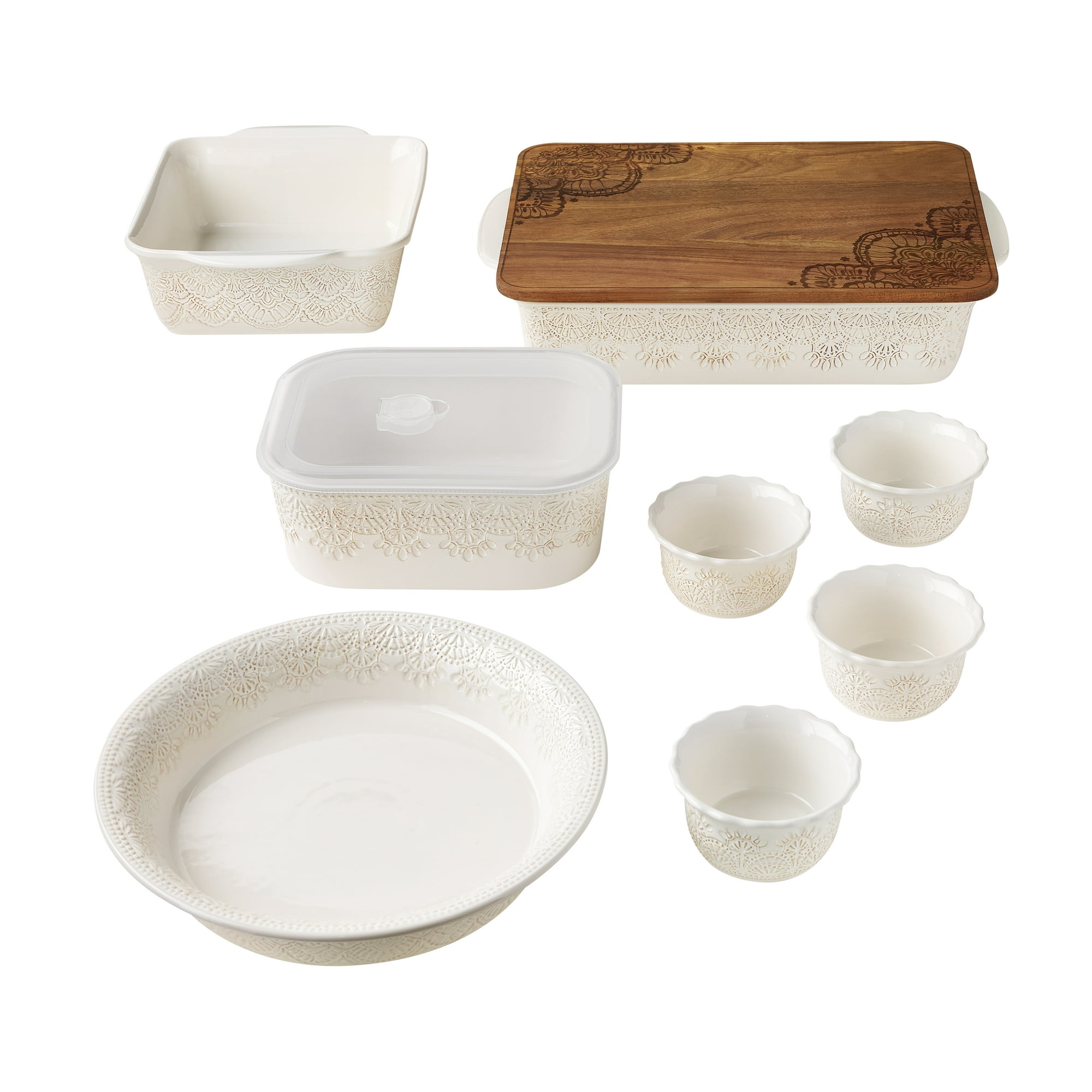 The Pioneer Woman Vintage Lace 10-Piece Ceramic Bakeware and Storage Set, Linen