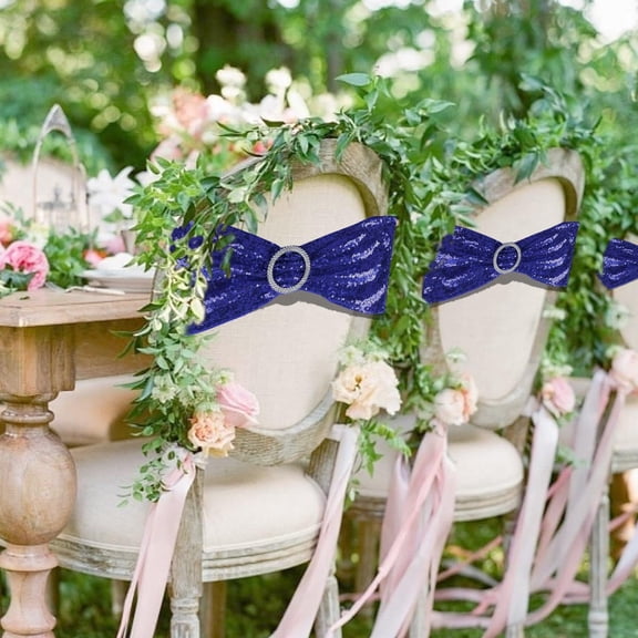 10PC Chair Sashes Sequin Stretchy Spandex Bands Decorative Bows One-Sided Sequins Decor for Romantic Wedding Party Home Chair Cover Sash Decorations Blue