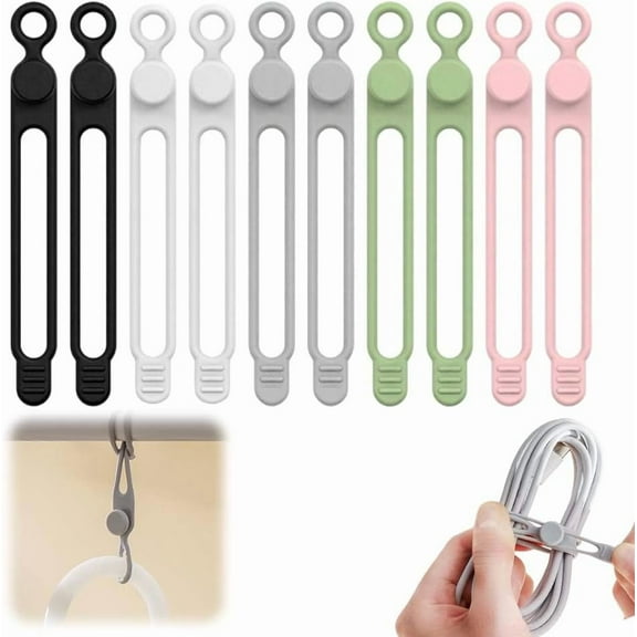 10PC Data Cable Organizer, 2026 Upgrade Silicone Cable Ties Reusable Cable Management Organizers, Multipurpose Elastic Cord Organizer for Fastening and Bundling Cable Cords Wires
