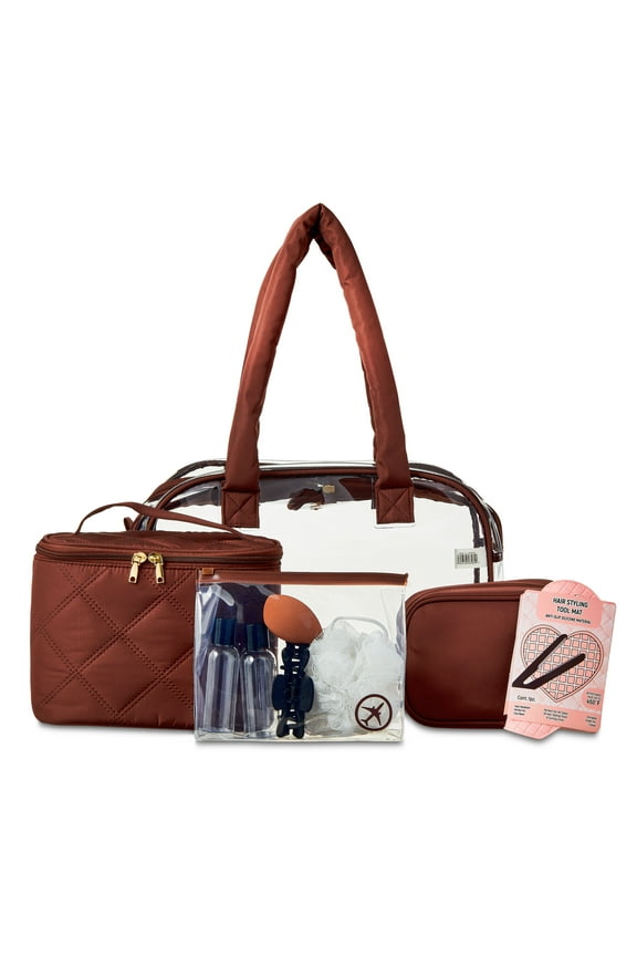 Puffy Handle Getaway Travel Bag with Essentials, Clear and Mocha, 10 Piece