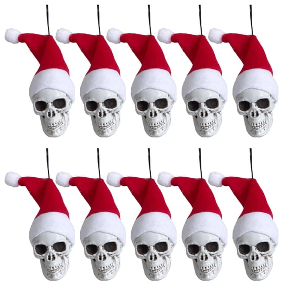 10PC Mini Hanging Skull Heads with Santa Hat, Halloween Skeleton Head Tree Ornament Decorations for Holiday Party Xmas Tree Decor, Miniature Skull with Santa Hat,2x2 Inch