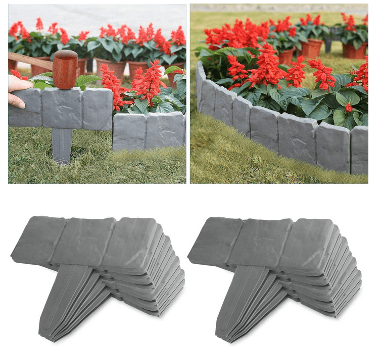 10PC Stone-Look Garden Edging Kit - Interlocking Landscape Borders with Stakes | Dig-Free UV-Resistant Lawn & Flower Bed Barrier - (10Pcs_Black)