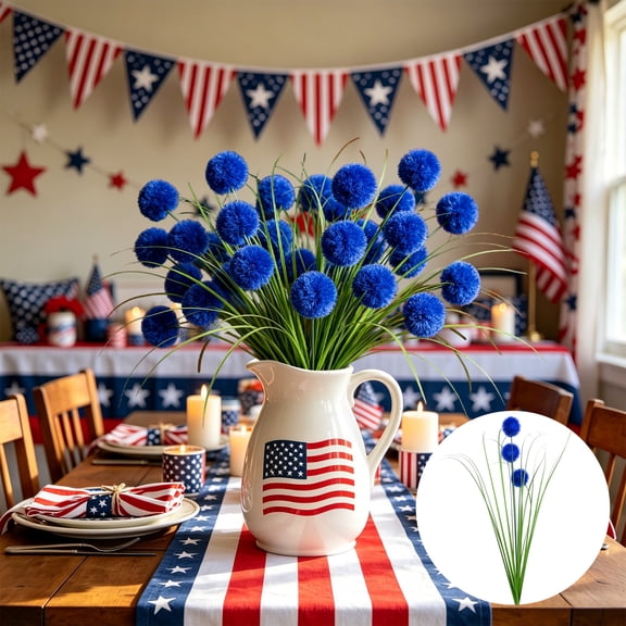 10PC Three Headed Spherical Simulation Flowers For Independence Day Decoration, Red White Blue Flowers For Home Decor Memorial Day, 16.5 Inch, 10 Pieces