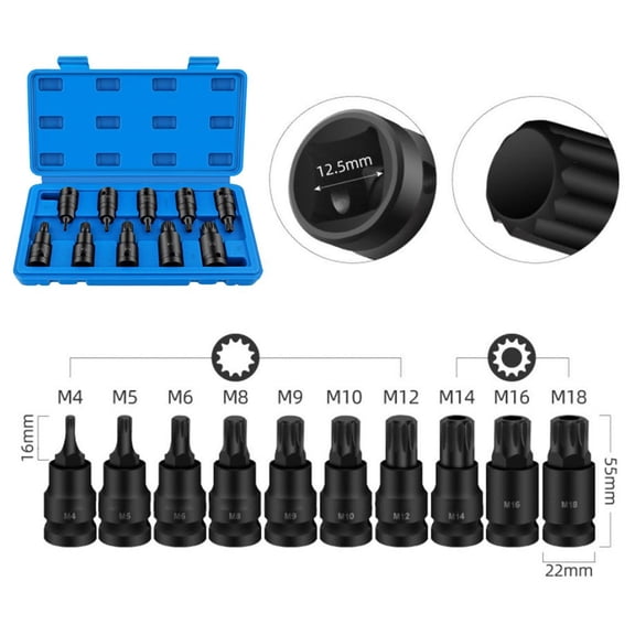 10PCS 1/2inch 12 Point Socket Adapter Head Screwdriver Bit Drive Wrench 4-18mm