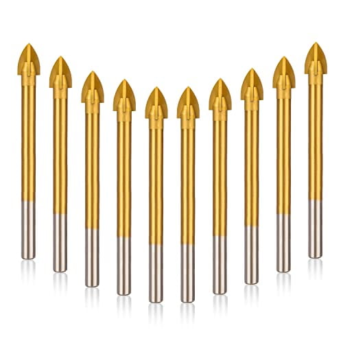10PCS 1/4" Masonry Drill Bits Kit, Titanium Coated Carbide Drill Bits Set for Tile, Concrete, Stone, 1/4 inch Cutting Edges Cross Spear Head Drill for Glass, Brick, Plastic, Ceramic, Wood (6mm)