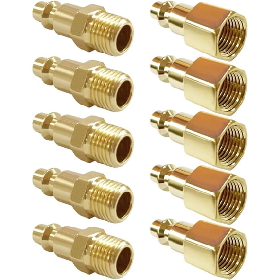 10PCS 1/4 Inch NPT Male & Female Industrial Air Hose Quick Connect Plug Brass Finish Air Compressor Pneumatic Coupler Fitting Adapter