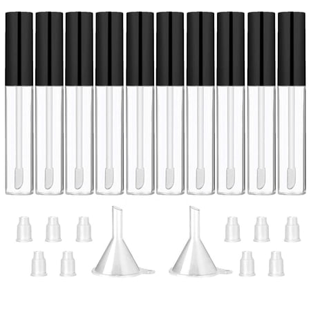 10PCS 10ML Empty Lip Gloss Containers Tube with Wand, Refillable Lip Balm Bottles, Lipstick Sample Container and Funnel and Rubber Stoppers for Girls DIY Lip Samples, Black Top