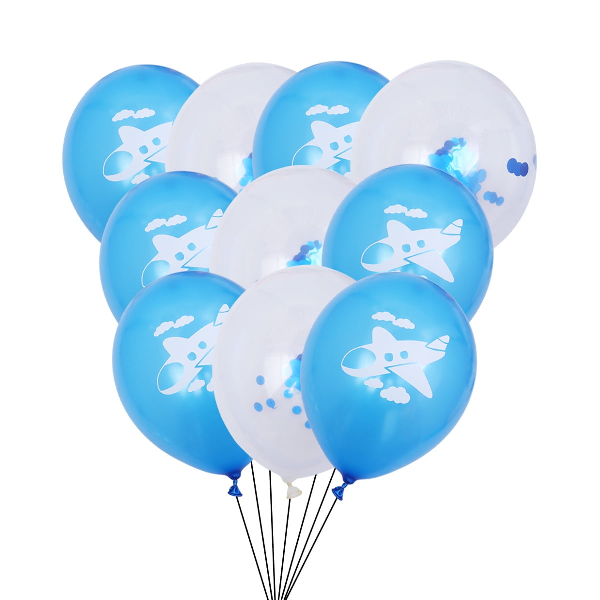 10PCS 12 Inches Cartoon Airplane Cloud Latex Balloons Confetti Balloons Set Party Decoration Party Supplies (Light Blue and Blue Sequins)