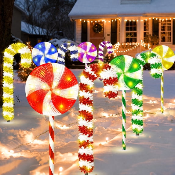 10PCS 120 LED 8 Mode Plug In Christmas Candy Cane & Lollipop Lights Outdoor Lighted Holiday Stake Lights for Front Door Lawn Walkway Decoration