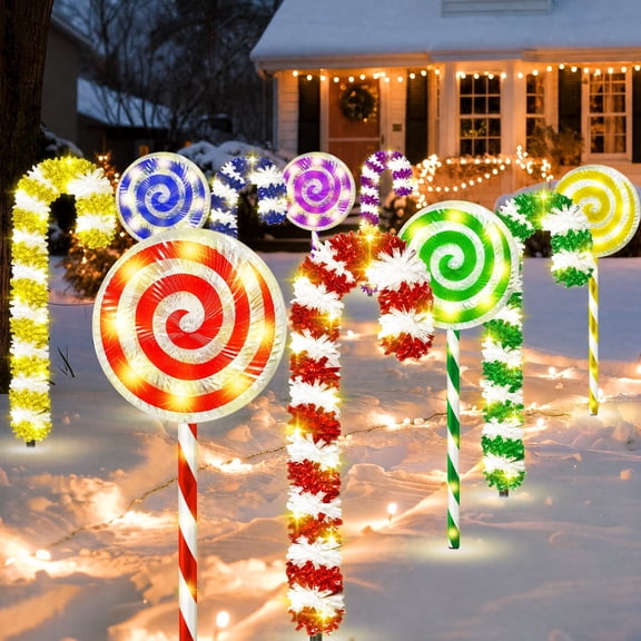 10PCS 120 LED 8 Mode Plug In Christmas Candy Cane & Lollipop Lights Outdoor Lighted Holiday Stake Lights for Front Door Lawn Walkway Decoration