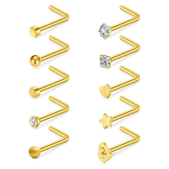 10PCS 20G Surgical Steel Heart Star Flat Ball Clear Diamond CZ Nose Stud Rings L Shaped Piercing Jewelry Gold