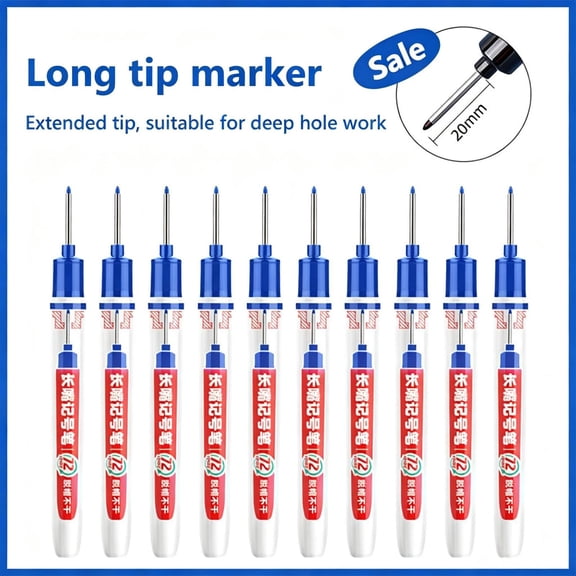 10PCS 20mm Long Nib Marker Long Head Deep Hole Marker Pens Permanent Markers Carpenter Ink Quick-dry Waterproof Pen Multi-purpose Construction Tools for Welding Drill Woodworking (Blue)