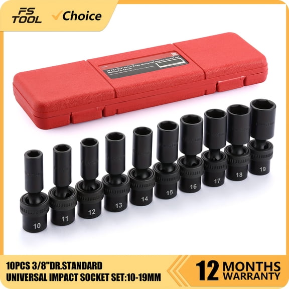10PCS 3/8"Drive CR-MO Impact Socket Set - Metric 10-19mm 6 Point Flexible Wobble, Heavy Duty Blow Molded Storage Case